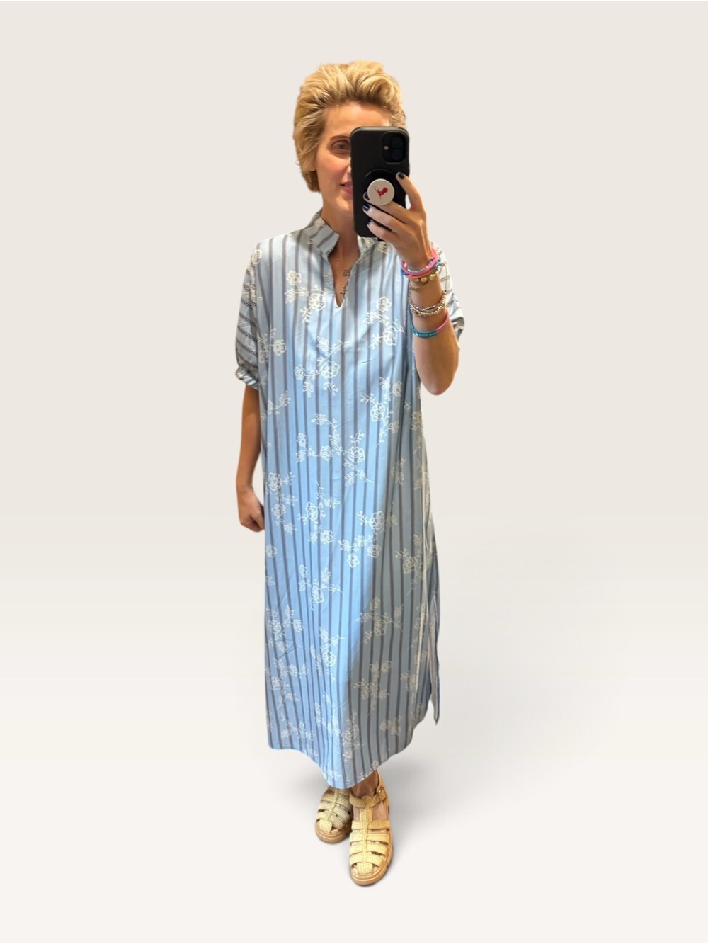 Beeson River Light Blue & White Striped Floral Maxi Dress, NWT
